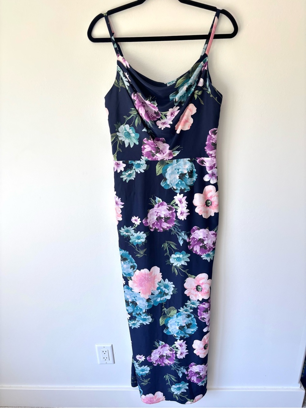 Eliza J Navy Blue Pink Purple Floral Cowl Neck Spaghetti Strap Maxi Dress